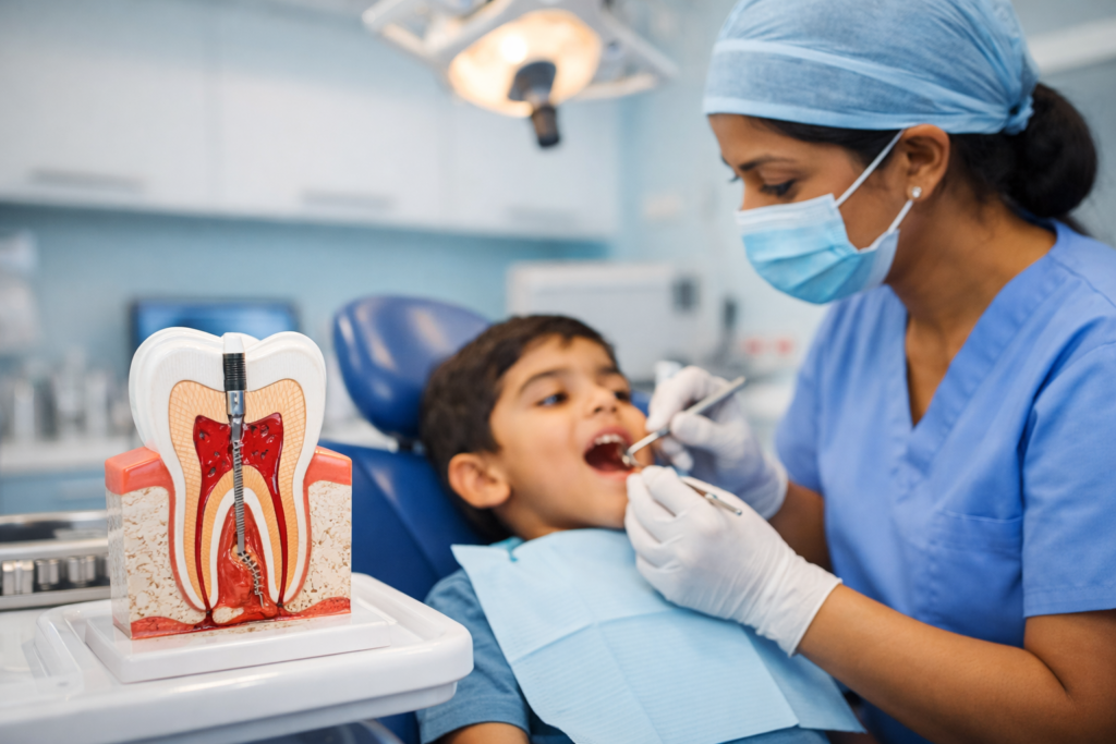 Tooth anatomy showing enamel dentin pulp and roots for pulpectomy treatment